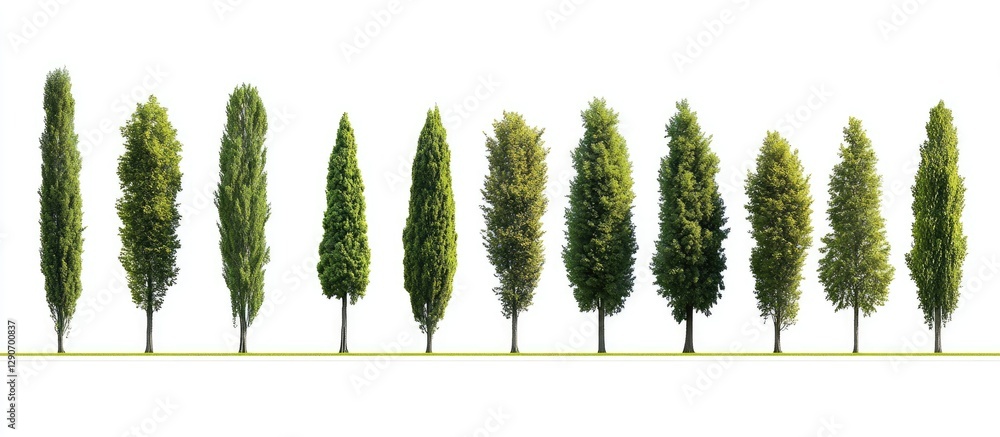 Poster collection of isolated trees in varying shades of green positioned on a white background showcasing 