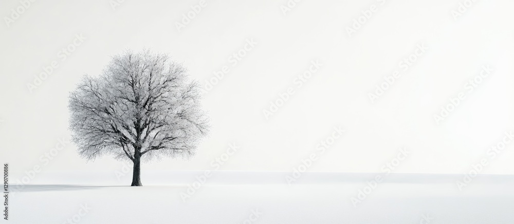 Aufkleber lone leafless tree with intricate branches positioned slightly left on a white background with a sof