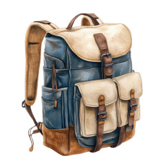 A watercolor stylish backpack with a combination of blue and beige fabric, featuring multiple pockets and leather accents, isolated on white background.