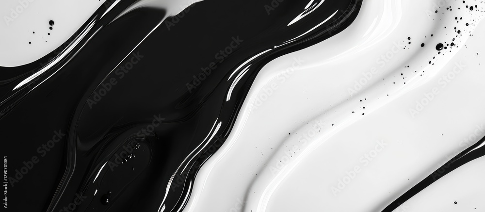 Poster fluid art background in black and white acrylic paint showcasing dynamic waves and glossy textures w