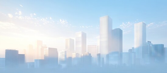 Obraz premium Modern skyscrapers rising into a blue sky with soft clouds illuminated by sunlight, showcasing a business district from a low angle perspective.