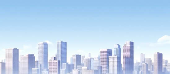 Fototapeta premium Perspective view of modern skyscrapers in a business district featuring steel and glass facades under a clear blue sky with cloud accents.