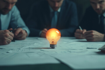 A glowing light bulb symbolizes creative brainstorming among professionals in suits.