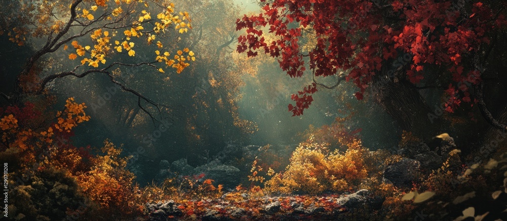 Poster enchanting autumn forest scene with vibrant red and yellow leaves, sunlight filtering through trees,