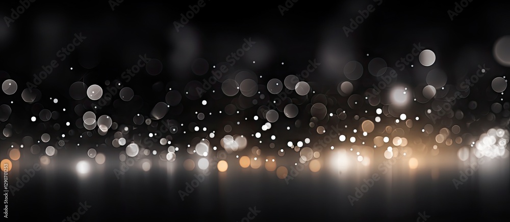 Poster black and white bokeh with blurred circles in foreground featuring golden highlights on a dark backg