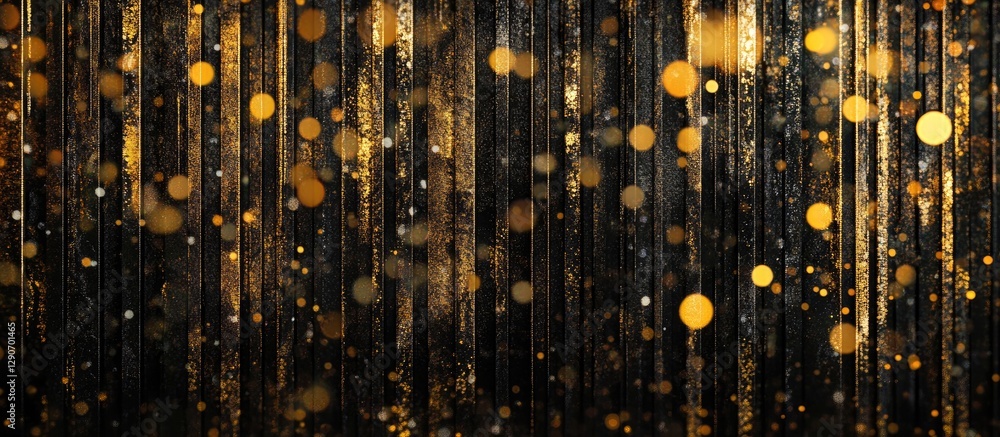 Poster elegant black and gold abstract background with vertical lines and shimmering bokeh lights creating 