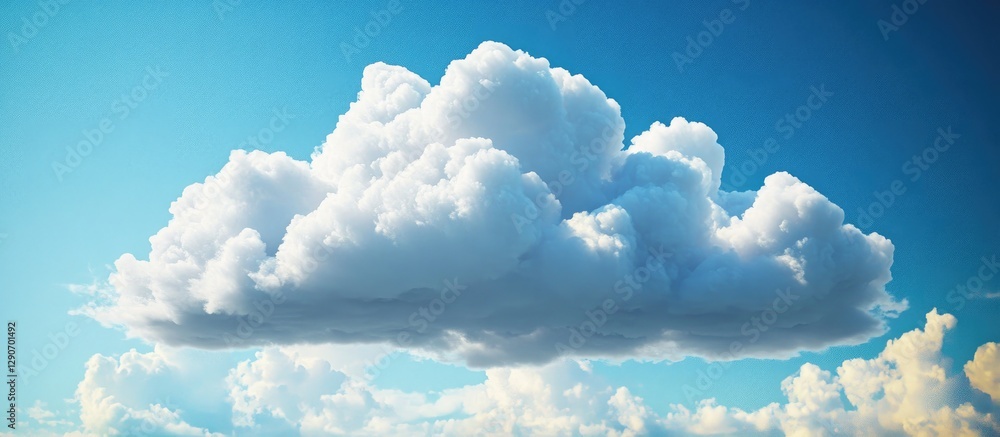 Poster fluffy white cloud floating in a clear blue sky with soft gradients emphasizing the serene nature of