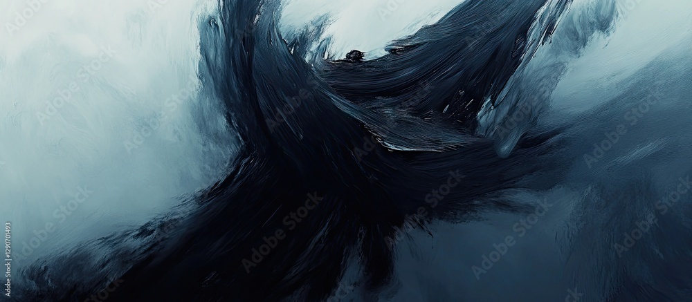 Poster dynamic black brush strokes on light blue background create striking contrast, emphasizing interplay
