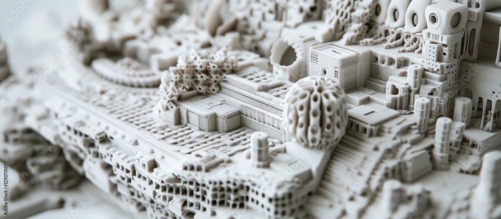 Poster intricate close-up of a textured 3d printed model showcasing detailed design elements in shades of w