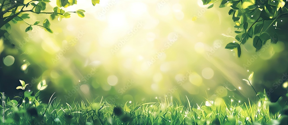 Poster sunlit grassy field with soft green hues and gentle bokeh effect creating a tranquil outdoor atmosph