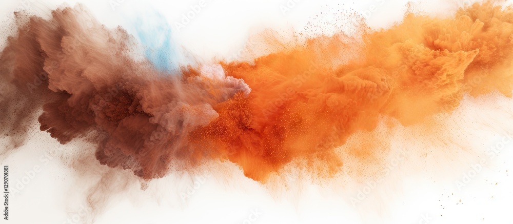 Poster dynamic explosion of brown and orange powder against a white background, creating a vivid cloud effe