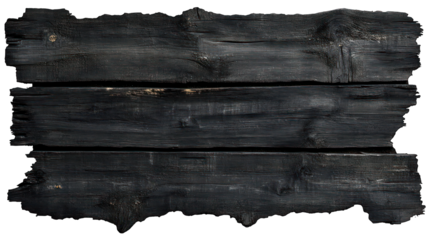 A distressed black wooden plank with a worn, rustic texture and chipped edges. Ideal for creating vintage, farmhouse, or rugged design elements. Isolated on a transparent background. --ar 16:9