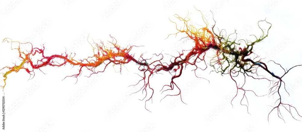Poster abstract colorful neuron-like structure with intertwining branches in warm hues of red, orange, and 