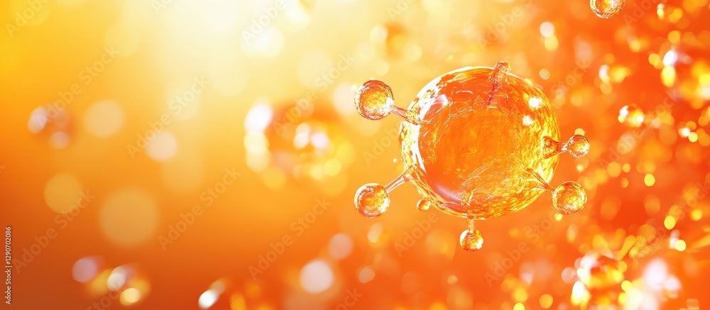 Poster bright orange molecular structures floating in a warm gradient background of yellows and oranges, id