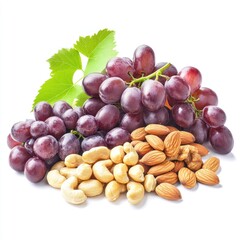Obraz premium Red Grapes, Almonds, and Cashews on White Background
