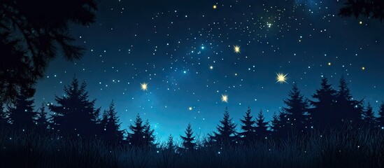 Fototapeta premium Starry blue night sky with a vibrant Milky Way above a dark silhouette of pine trees creating a serene and colorful cosmic scene.