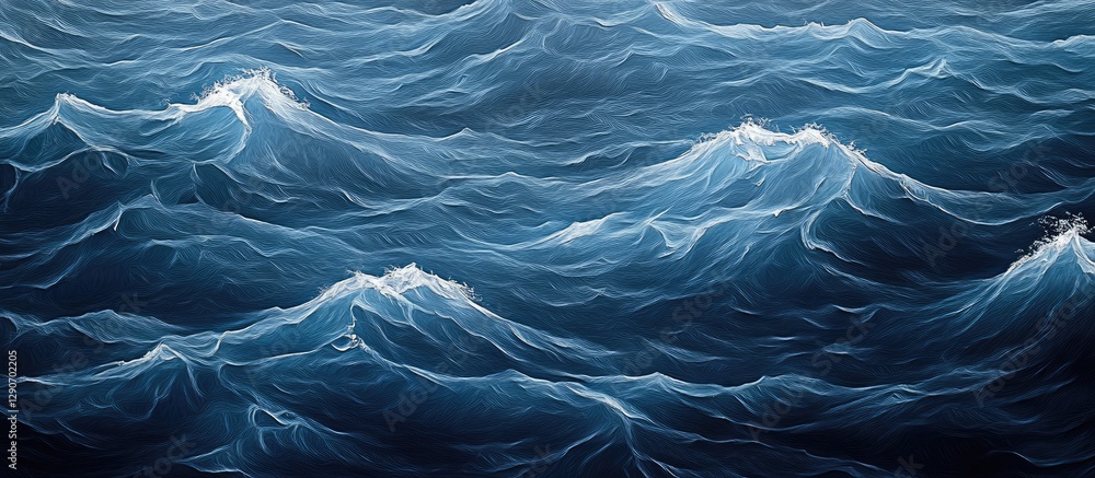 Poster aerial view of deep blue ocean waves with white crests dynamically flowing across the surface creati