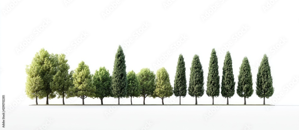 Poster isolated collection of green trees in various shapes arranged in a row against a clean white backgro