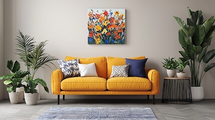 Vibrant Abstract Floral Artwork on Mustard Yellow Sofa in Modern Living Room Interior