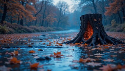 Enchanting autumn scene Glowing embers within a tree stump nestled in a tranquil river surrounded by fallen leaves