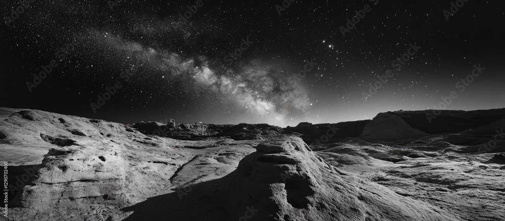 Wall mural starry black and white landscape featuring diverse textures with rocky formations in foreground unde