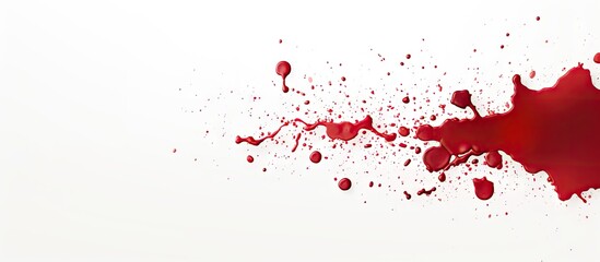 Red splatter art with vivid blood spots on a clean white background, positioned towards the right side, creating a dramatic effect and contrast.