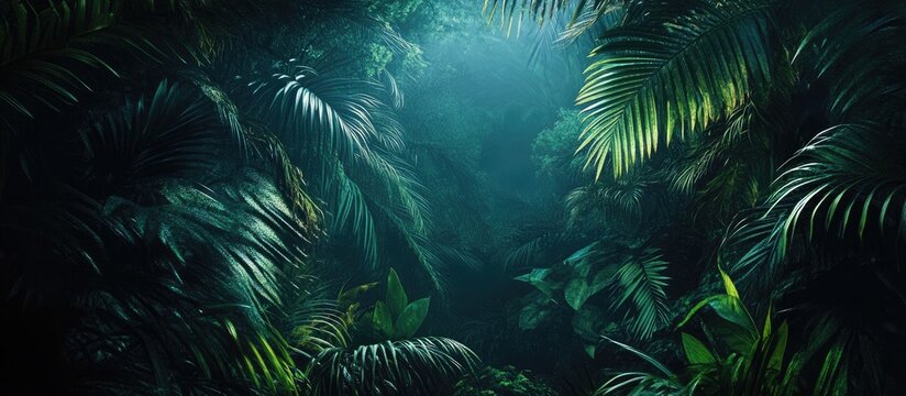 Dense tropical jungle with dark green foliage, shafts of light illuminating misty paths, creating a mysterious, enchanting atmosphere.