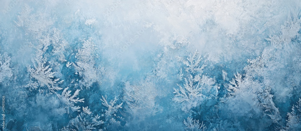 Poster aerial view of a frozen forest with intricate ice patterns in varying shades of blue and white, crea