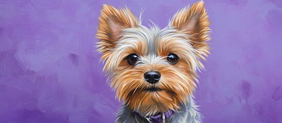 Fototapeta premium Yorkshire Terrier portrait with vibrant purple background, showcasing the dog's detailed fur in shades of brown and cream, positioned centrally.