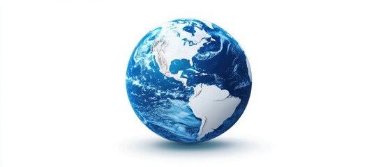 Obraz premium Vibrant globe showcasing Earth's continents in blue and white, positioned centrally, symbolizing global connectivity and environmental awareness.