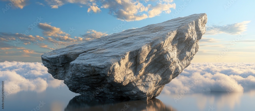 Poster serene floating rock above fluffy clouds with a clear blue sky and soft pastel hues illuminating the