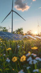 Vast Panoramic View of A Solar and Wind Renewable Energy Power Station