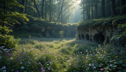 Enchanting Sunlit Meadow Overgrown Ruins in a Lush Forest Serene Nature Scene
