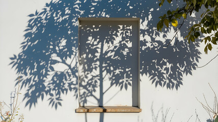 Lovely shadow on a white wall from tree leaves and a window. For presentation, use a straightforward, minimalistic natural background.