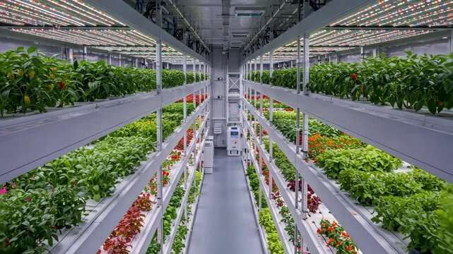 A vibrant vertical farm with rows of plants under LED lights