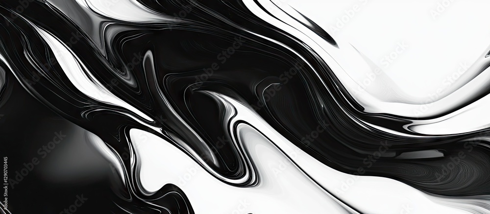 Poster fluid black and white acrylic paint swirling in dynamic patterns creating a visually striking art ba