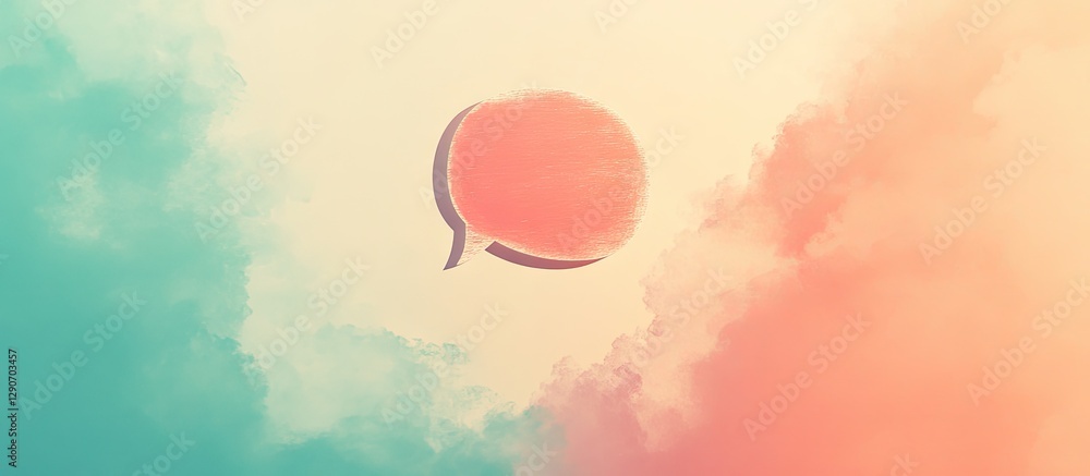 Poster pastel-colored speech bubble icon centered on a soft gradient background with hues of peach and teal