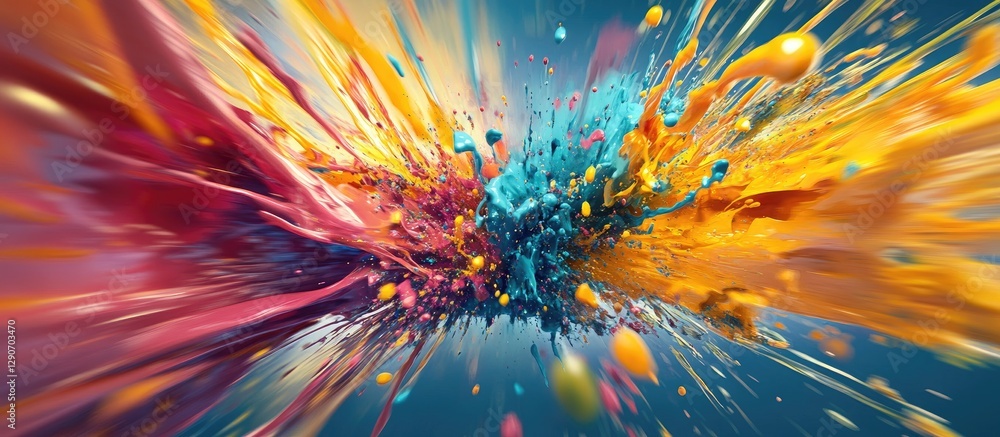Poster vibrant abstract explosion of color featuring dynamic splashes in red, blue, and yellow against a te