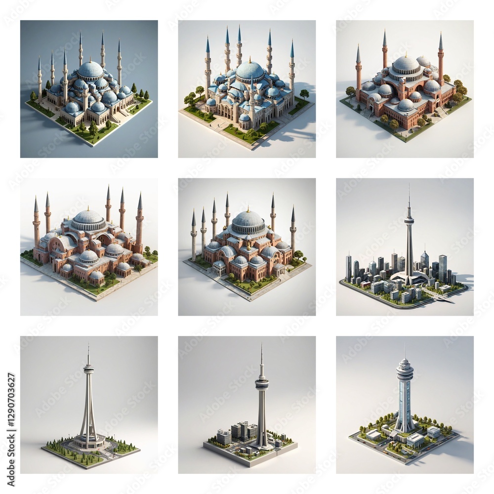 Poster this image showcases a famous building collection of landmarks presented in isometric views, display