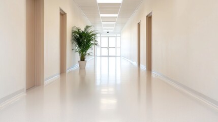 Fototapeta premium Empty hospital corridor with plant, bright interior. Possible use Stock photo