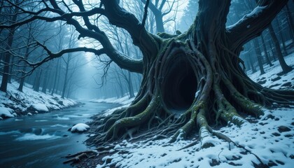 Enormous ancient tree with a hollow trunk in a snowy winter forest beside a tranquil river Magical winter landscape