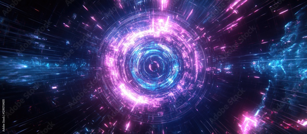 Poster abstract glowing vortex of blue and pink light beams radiating outward creating a digital network il