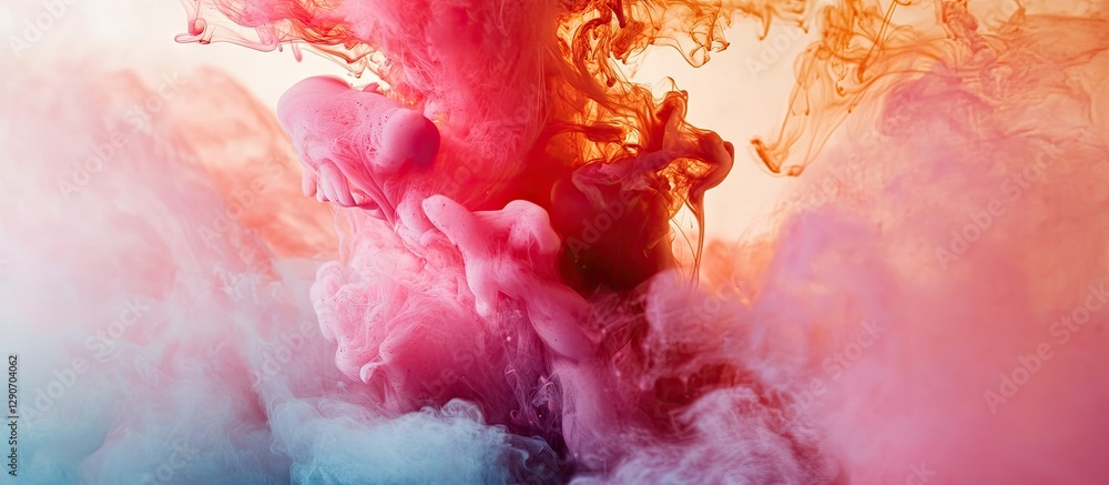Poster vibrant swirling pink and orange ink blends into a soft blue backdrop creating an energetic abstract