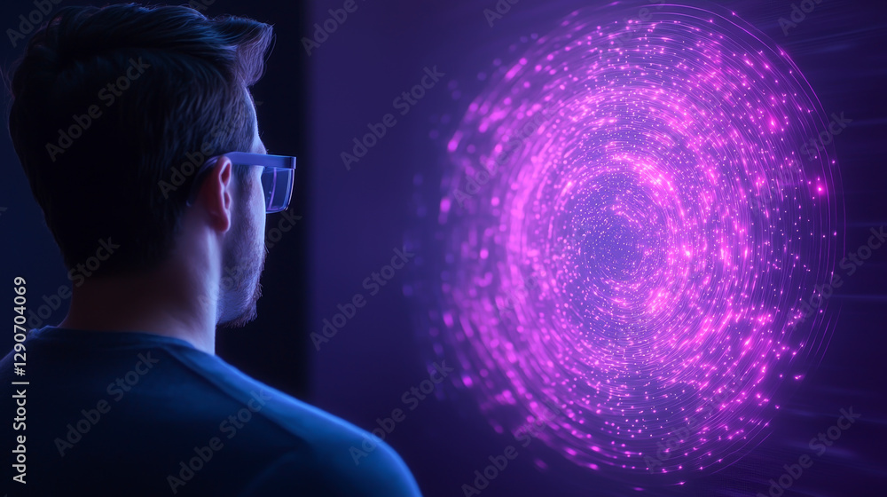Poster a man observes a vibrant digital visualization of swirling data patterns.