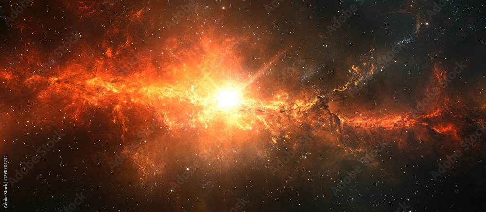 Poster vibrant cosmic explosion with orange and red hues emanating from center against a deep black backgro