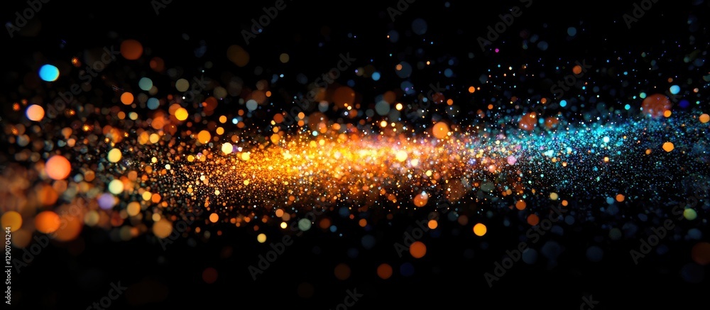 Poster vibrant digital lens flare with orange and blue sparkles on a dark background creating a dynamic flo