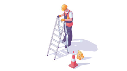 Isometric illustration of a construction worker wearing a hard hat and safety vest standing on a metal stepladder.  A traffic cone is visible on the ground near the base of the ladder. The