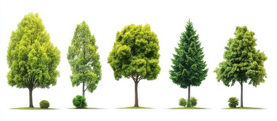 Isolated collection of five diverse tropical trees in green shades on a white background showcasing various leaf types and shapes for design projects