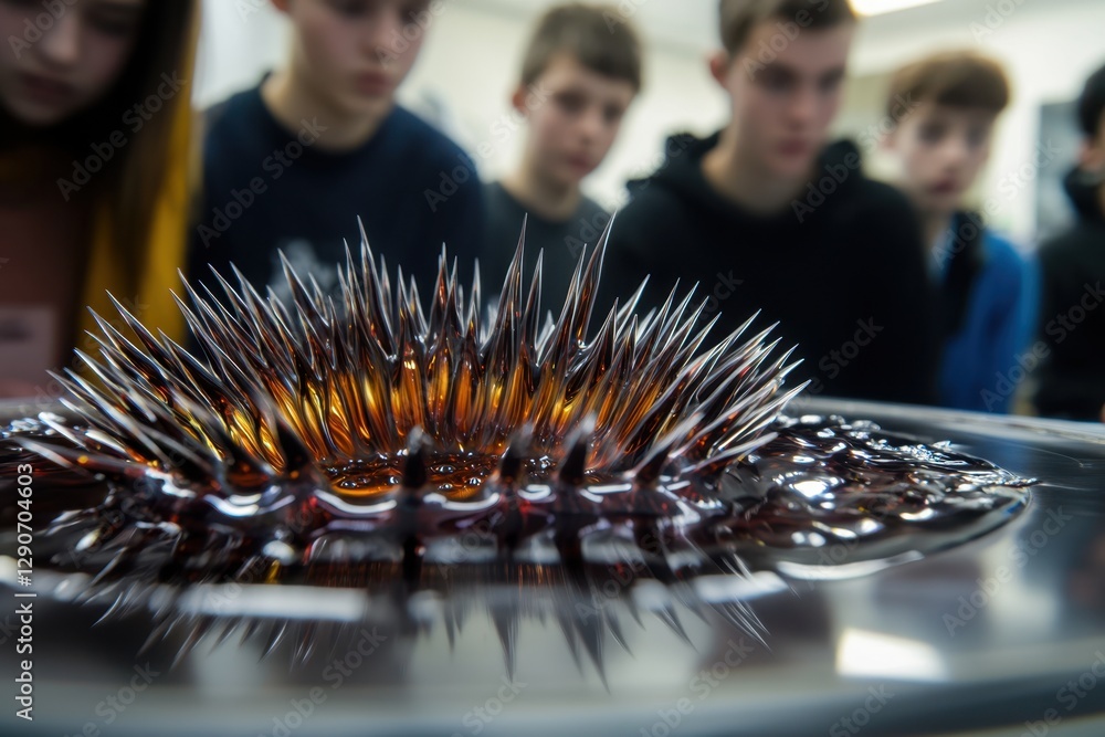 Poster students observe fascinating magnetic fluid experiment at science fair in local school