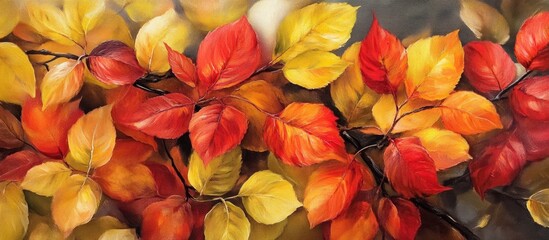 Fototapeta premium Vibrant autumn leaves in shades of red, orange, and yellow arranged in a dynamic flowing pattern against a soft blurred background.